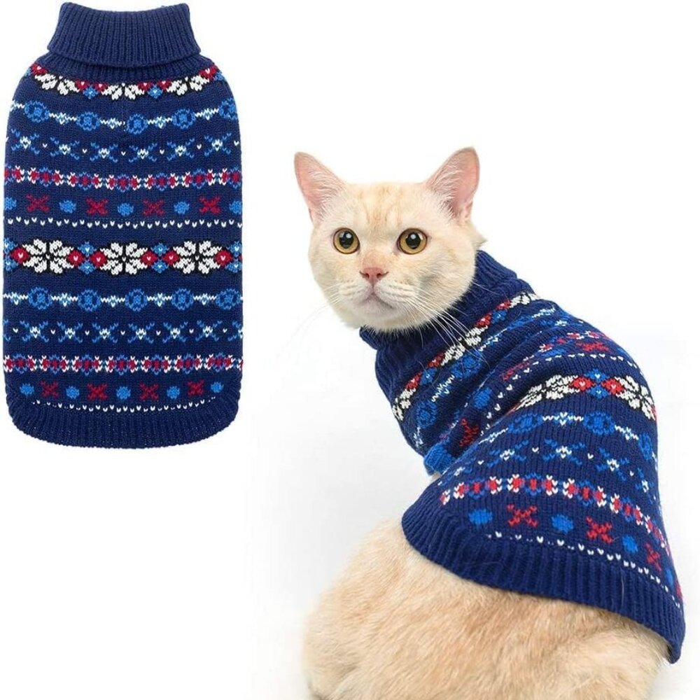 New! Medium Blue Cat Winter Sweater with Snowflake - Soft Turtleneck Knitted